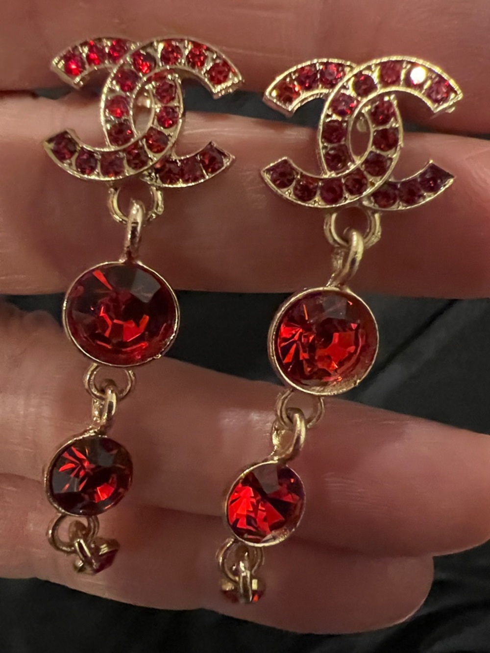 CHANEL Red Crystal Logo Drop Earrings - Gold Tone - Picture 6 of 13